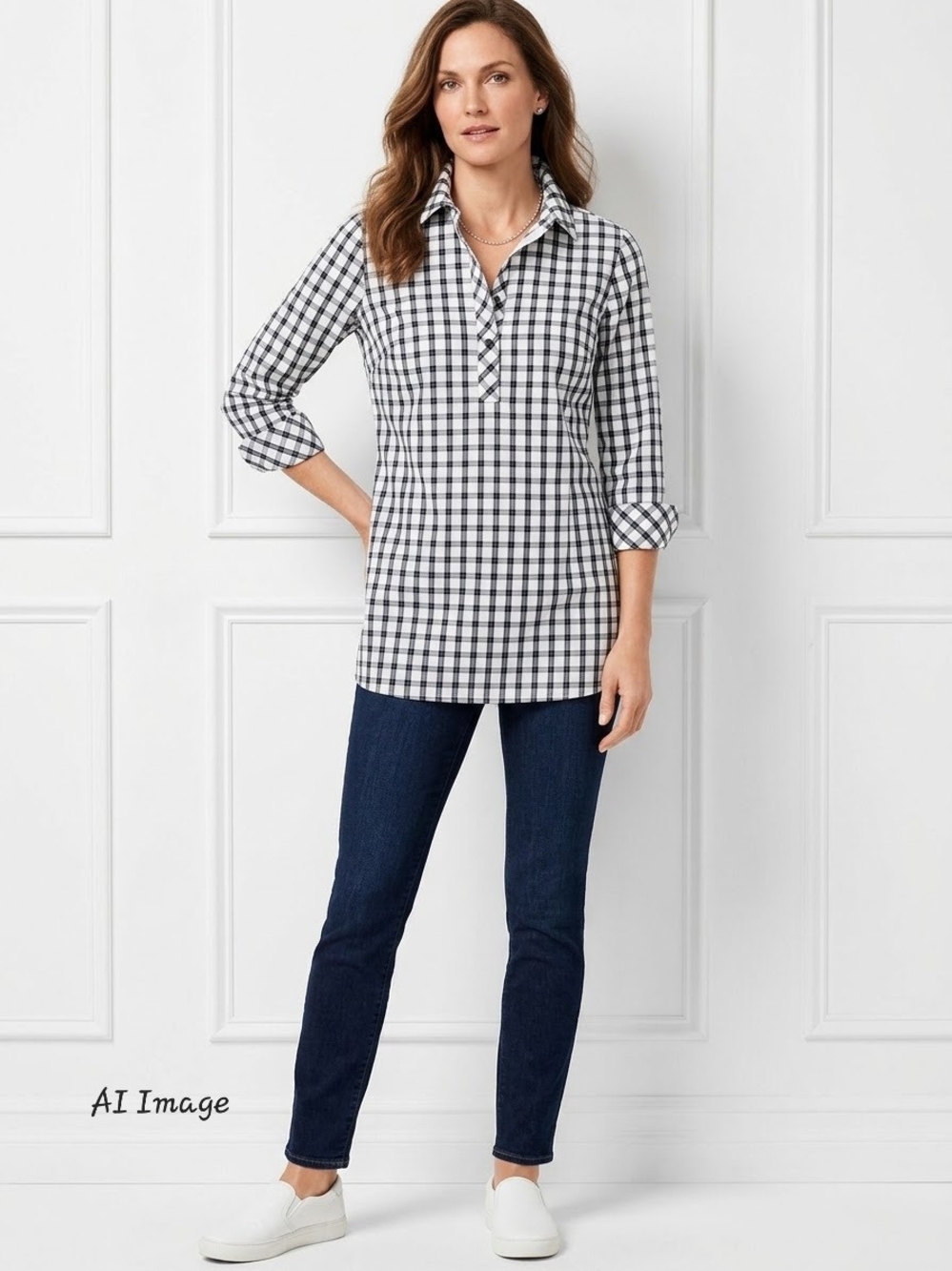 Talbots Black and White Gingham Button-Down Shirt